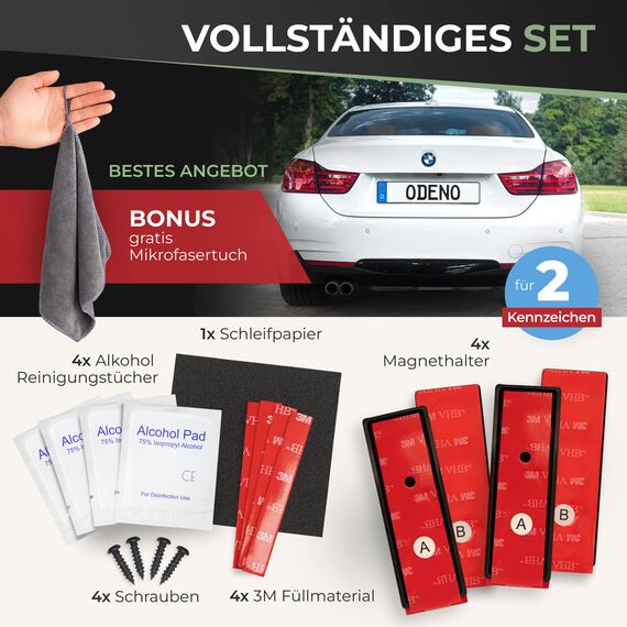 ODENO® Magnet Kennzeichenhalter im Set für 2 Kennzeichen - für jedes Kennzeichen und Auto - rahmenlose Nummernschildhalter für Deutschland und Österreich
