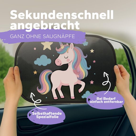 Sonnenschutz Auto Baby & Kinder • ZERTIFIZIERTER UPF50+ UV-Schutz • DEKRA geprüft & KBA-zugelassen • Nachhaltiges & hochwertiges GSM105+ Nylon • Sonnenblende Seitenscheibe • Motiv Einhorn