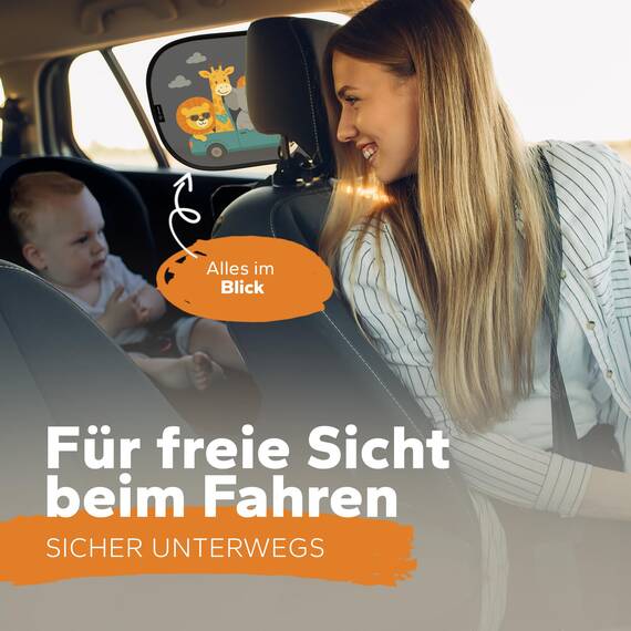 Sonnenschutz Auto Baby & Kinder • ZERTIFIZIERTER UPF50+ UV-Schutz • DEKRA geprüft & KBA-zugelassen • Nachhaltiges & hochwertiges GSM105+ Nylon • Sonnenblende Seitenscheibe • Tier-Motiv