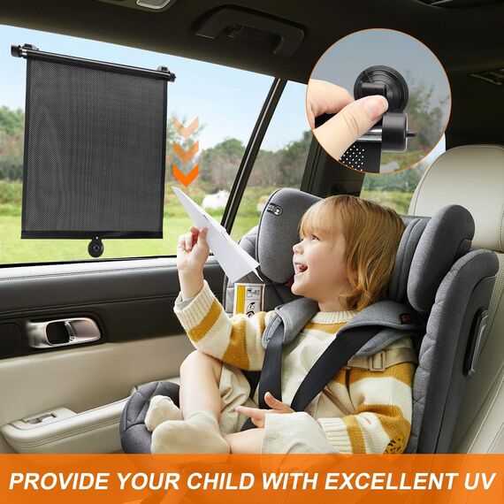 KXVXXV 2er-Set Sonnenrollo Auto Sonnenschutz Auto Seitenscheibe für Babys & Kinder（40 x 60cm, Rollo mit Saugnäpfen mit Flexibler, Größeneinstellung, UV-Schutz, Schwarz