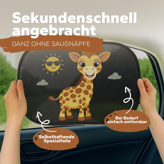 Sonnenschutz Auto Baby & Kinder • ZERTIFIZIERTER UPF50+ UV-Schutz • DEKRA geprüft & KBA-zugelassen • Nachhaltiges & hochwertiges GSM105+ Nylon • Sonnenblende Seitenscheibe • Motiv Giraffe