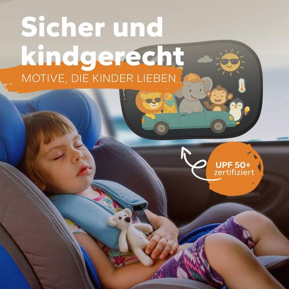 Sonnenschutz Auto Baby & Kinder • ZERTIFIZIERTER UPF50+ UV-Schutz • DEKRA geprüft & KBA-zugelassen • Nachhaltiges & hochwertiges GSM105+ Nylon • Sonnenblende Seitenscheibe • Tier-Motiv