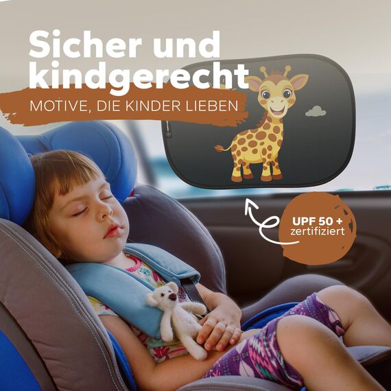 Sonnenschutz Auto Baby & Kinder • ZERTIFIZIERTER UPF50+ UV-Schutz • DEKRA geprüft & KBA-zugelassen • Nachhaltiges & hochwertiges GSM105+ Nylon • Sonnenblende Seitenscheibe • Motiv Giraffe
