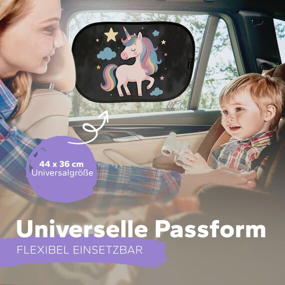 Sonnenschutz Auto Baby & Kinder • ZERTIFIZIERTER UPF50+ UV-Schutz • DEKRA geprüft & KBA-zugelassen • Nachhaltiges & hochwertiges GSM105+ Nylon • Sonnenblende Seitenscheibe • Motiv Einhorn