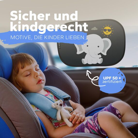 Sonnenschutz Auto Baby & Kinder • ZERTIFIZIERTER UPF50+ UV-Schutz • DEKRA geprüft & KBA-zugelassen • Nachhaltiges & hochwertiges GSM105+ Nylon • Sonnenblende Seitenscheibe • Motiv Elefant