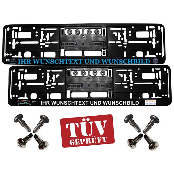 2er-Set Kennzeichenhalter Wunschtext/Logo für alle PKW´s Beschriftung Bedruckt mit 8 Schrauben