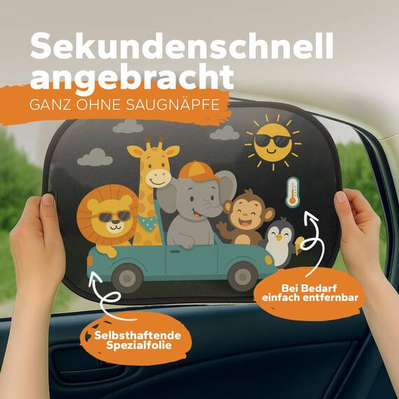 Sonnenschutz Auto Baby & Kinder • ZERTIFIZIERTER UPF50+ UV-Schutz • DEKRA geprüft & KBA-zugelassen • Nachhaltiges & hochwertiges GSM105+ Nylon • Sonnenblende Seitenscheibe • Tier-Motiv