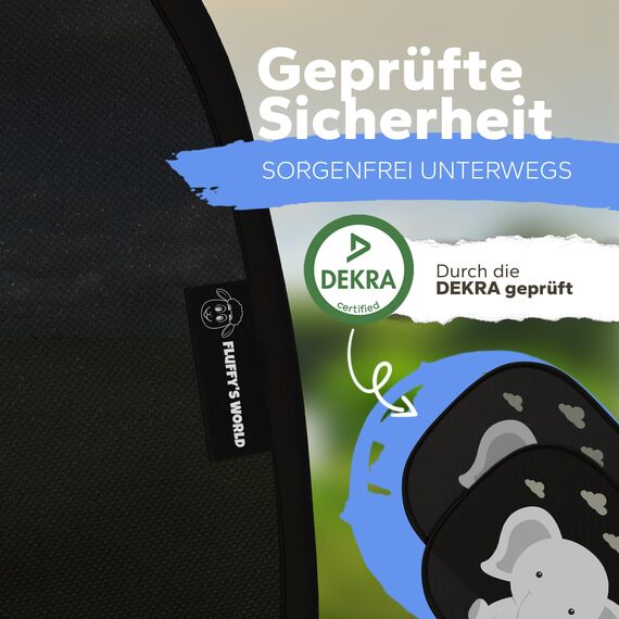 Sonnenschutz Auto Baby & Kinder • ZERTIFIZIERTER UPF50+ UV-Schutz • DEKRA geprüft & KBA-zugelassen • Nachhaltiges & hochwertiges GSM105+ Nylon • Sonnenblende Seitenscheibe • Motiv Elefant