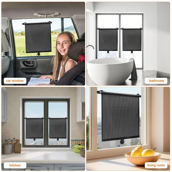 KXVXXV 2er-Set Sonnenrollo Auto Sonnenschutz Auto Seitenscheibe für Babys & Kinder（40 x 60cm, Rollo mit Saugnäpfen mit Flexibler, Größeneinstellung, UV-Schutz, Schwarz