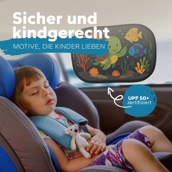 Sonnenschutz Auto Baby & Kinder • ZERTIFIZIERTER UPF50+ UV-Schutz • DEKRA geprüft & KBA-zugelassen • Nachhaltiges & hochwertiges GSM105+ Nylon • Sonnenblende Seitenscheibe • Motiv Unterwasser