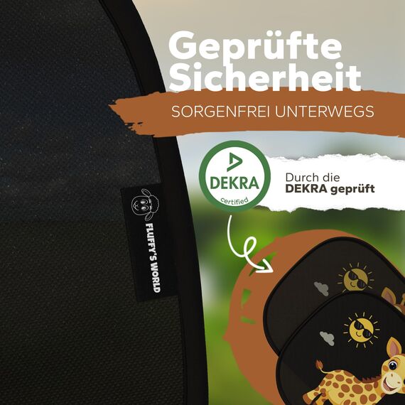 Sonnenschutz Auto Baby & Kinder • ZERTIFIZIERTER UPF50+ UV-Schutz • DEKRA geprüft & KBA-zugelassen • Nachhaltiges & hochwertiges GSM105+ Nylon • Sonnenblende Seitenscheibe • Motiv Giraffe