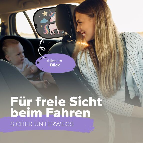 Sonnenschutz Auto Baby & Kinder • ZERTIFIZIERTER UPF50+ UV-Schutz • DEKRA geprüft & KBA-zugelassen • Nachhaltiges & hochwertiges GSM105+ Nylon • Sonnenblende Seitenscheibe • Motiv Einhorn