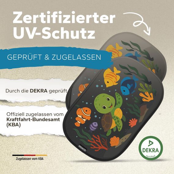 Sonnenschutz Auto Baby & Kinder • ZERTIFIZIERTER UPF50+ UV-Schutz • DEKRA geprüft & KBA-zugelassen • Nachhaltiges & hochwertiges GSM105+ Nylon • Sonnenblende Seitenscheibe • Motiv Unterwasser