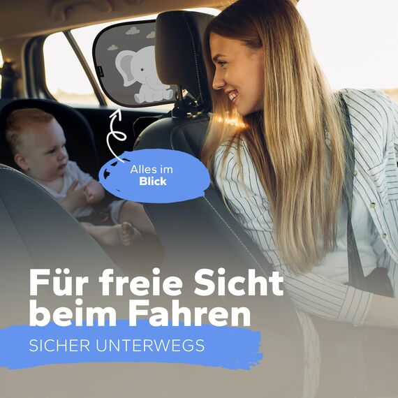 Sonnenschutz Auto Baby & Kinder • ZERTIFIZIERTER UPF50+ UV-Schutz • DEKRA geprüft & KBA-zugelassen • Nachhaltiges & hochwertiges GSM105+ Nylon • Sonnenblende Seitenscheibe • Motiv Elefant
