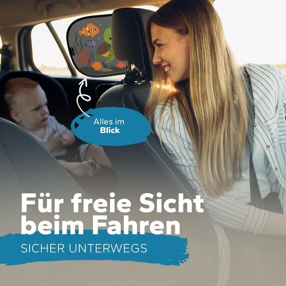 Sonnenschutz Auto Baby & Kinder • ZERTIFIZIERTER UPF50+ UV-Schutz • DEKRA geprüft & KBA-zugelassen • Nachhaltiges & hochwertiges GSM105+ Nylon • Sonnenblende Seitenscheibe • Motiv Unterwasser