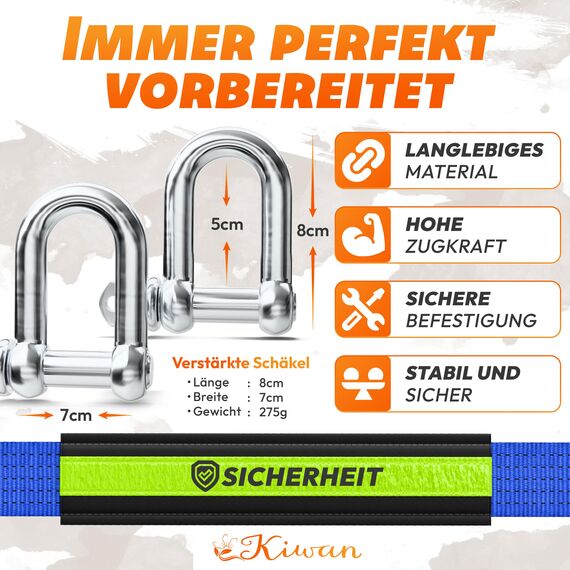 Kiwan Abschleppseil Offroad Zubehör Set 10 Tonnen, 5M x 5CM – Geprüfte Qualität – Reißfester Bergungsgurt für Wohnmobil, Auto, LKW, Pkw – Notfall Abschleppseil für Geländefahrzeuge.