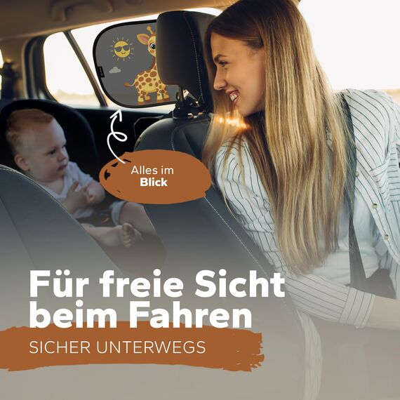 Sonnenschutz Auto Baby & Kinder • ZERTIFIZIERTER UPF50+ UV-Schutz • DEKRA geprüft & KBA-zugelassen • Nachhaltiges & hochwertiges GSM105+ Nylon • Sonnenblende Seitenscheibe • Motiv Giraffe