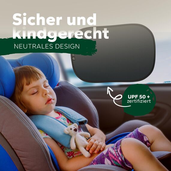 Sonnenschutz Auto Baby mit UV-Schutz UPF50+, DEKRA geprüft & KBA-zugelassen, Hochwertiges GSM105+ Nylon, Doppelte Schutzwirkung, Sonnenschutz Auto Kinder ohne Saugnapf