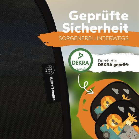 Sonnenschutz Auto Baby & Kinder • ZERTIFIZIERTER UPF50+ UV-Schutz • DEKRA geprüft & KBA-zugelassen • Nachhaltiges & hochwertiges GSM105+ Nylon • Sonnenblende Seitenscheibe • Tier-Motiv