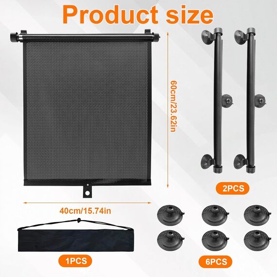 KXVXXV 2er-Set Sonnenrollo Auto Sonnenschutz Auto Seitenscheibe für Babys & Kinder（40 x 60cm, Rollo mit Saugnäpfen mit Flexibler, Größeneinstellung, UV-Schutz, Schwarz
