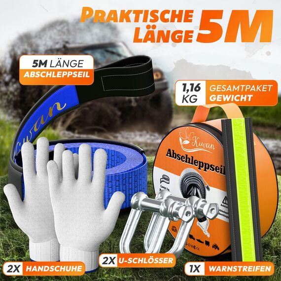Kiwan Abschleppseil Offroad Zubehör Set 10 Tonnen, 5M x 5CM – Geprüfte Qualität – Reißfester Bergungsgurt für Wohnmobil, Auto, LKW, Pkw – Notfall Abschleppseil für Geländefahrzeuge.