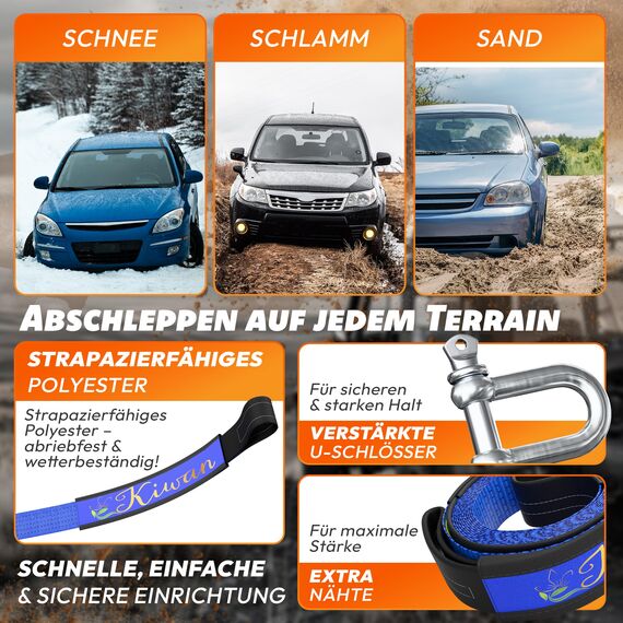 Kiwan Abschleppseil Offroad Zubehör Set 10 Tonnen, 5M x 5CM – Geprüfte Qualität – Reißfester Bergungsgurt für Wohnmobil, Auto, LKW, Pkw – Notfall Abschleppseil für Geländefahrzeuge.
