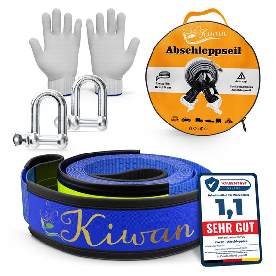 Kiwan Abschleppseil Offroad Zubehör Set 10 Tonnen, 5M x 5CM – Geprüfte Qualität – Reißfester Bergungsgurt für Wohnmobil, Auto, LKW, Pkw – Notfall Abschleppseil für Geländefahrzeuge.