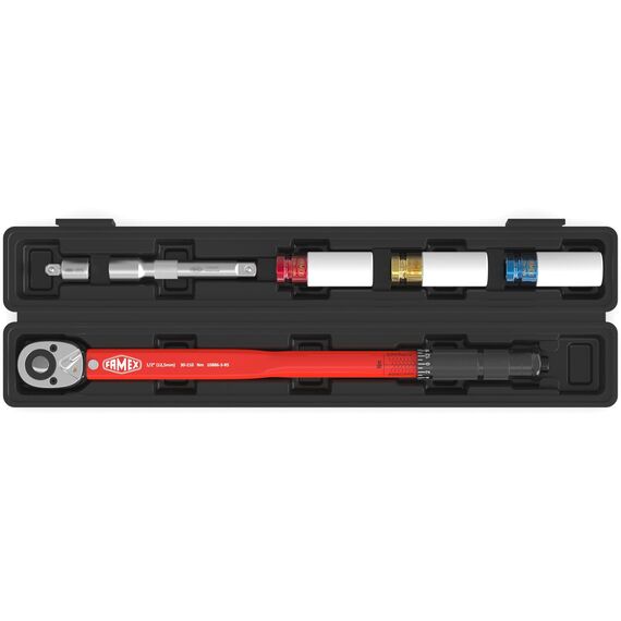 FAMEX 10886-3-RS Drehmomentschlüssel 1/2" (12,5mm) - 30-210 Nm - Schoneinsätze aus Chrom-Molybdän-Stahl - schlagfest - inkl. Verlängerung Adapter - für Auto, Motorrad, Van