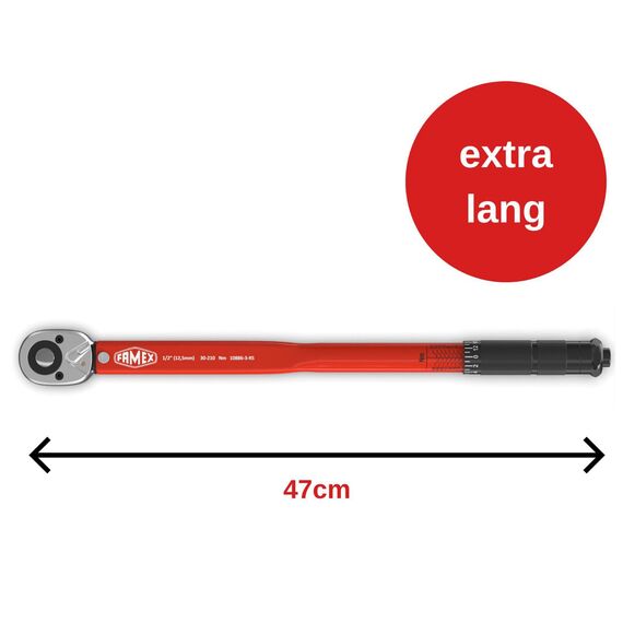 FAMEX 10886-3-RS Drehmomentschlüssel 1/2" (12,5mm) - 30-210 Nm - Schoneinsätze aus Chrom-Molybdän-Stahl - schlagfest - inkl. Verlängerung Adapter - für Auto, Motorrad, Van