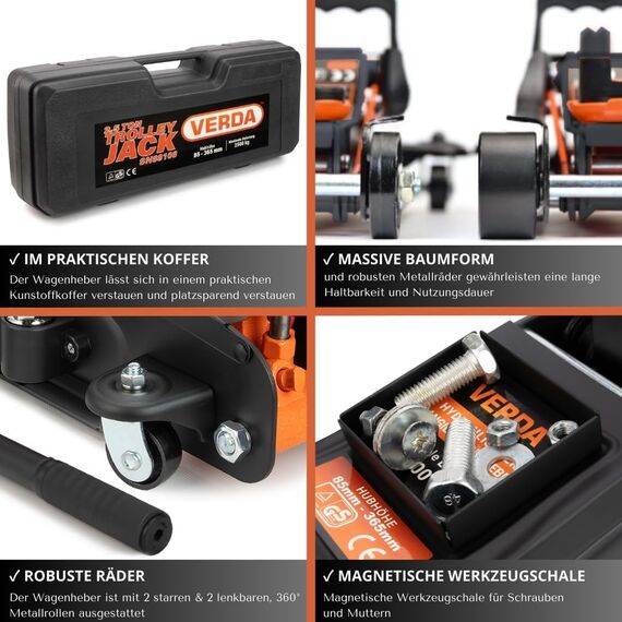 Hydrualischer Wagenheber 2,5T, 85-365mm, 3X Gummiauflage, Radmutterschlüssel, Rangierwagenheber mit Hebelstange 2in1 Auto Heber, PKW Profi Ständer, Flache, Wohnmobil Handschuhe SN88108