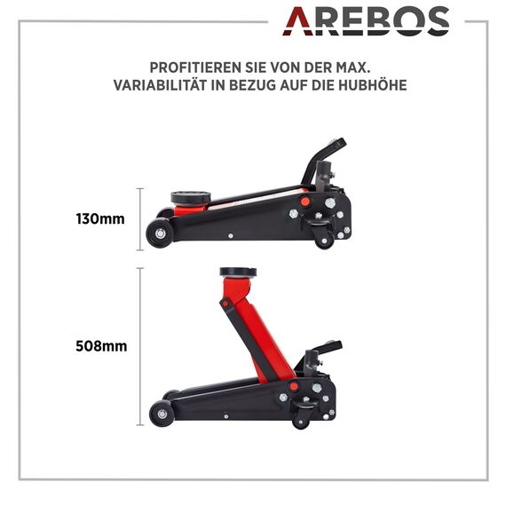 Arebos 3T Hydraulischer Rangierwagenheber mit integriertem Fußpedal | Unterfahrhöhe 130-508 mm | 2 Gummi-Auflagen | Wagenheber Jack 360° Rollen | Heber Ständer KFZ Auto PKW