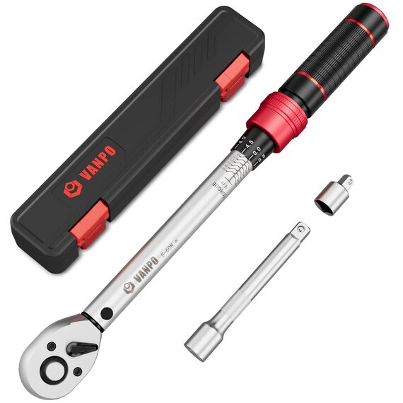 VANPO Drehmomentschlüssel 3/8 Zoll, 5-60Nm Fahrrad & Motorrad Drehmomentschlüssel Set mit 125mm Verlängerungsstange, 3/8"-1/4" Adapter für Fahrräder, Motorrad und Auto Zündkerzenwechsel