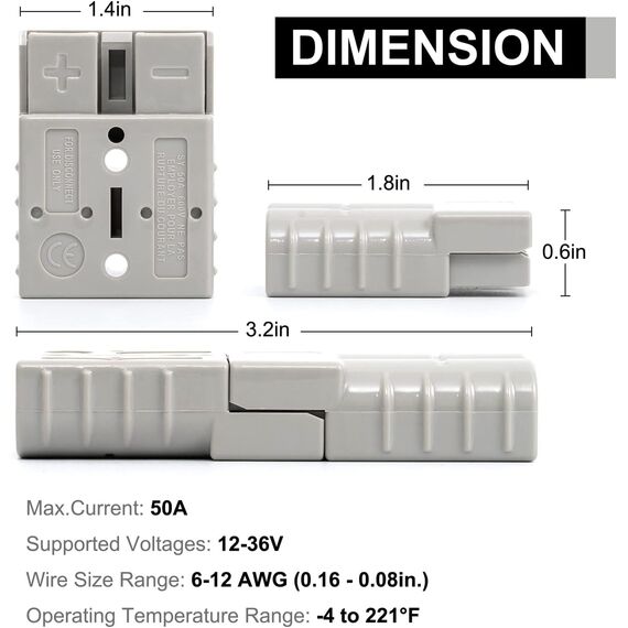 GTIWUNG 4 Stück Batterieanschluss 50A 600V Stecker Grau,Quick Connect Batterie Akku Steckverbinder Schnellanschluss Stecker mit Staubschutzkappen und Schnellkupplungsgriff für Winch oder Trailer, Auto