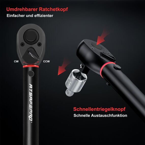 ATsafepro Drehmomentschlüssel 3/8" Set, 5-60Nm Drehmomentschlüssel Auto mit 15cm Verlängerungsstange,Adaptateur 1/4"&1/2",±3% Fehlergenauigkeit 72 Zähne Ratchet, für Auto, Moto,Fahrrad