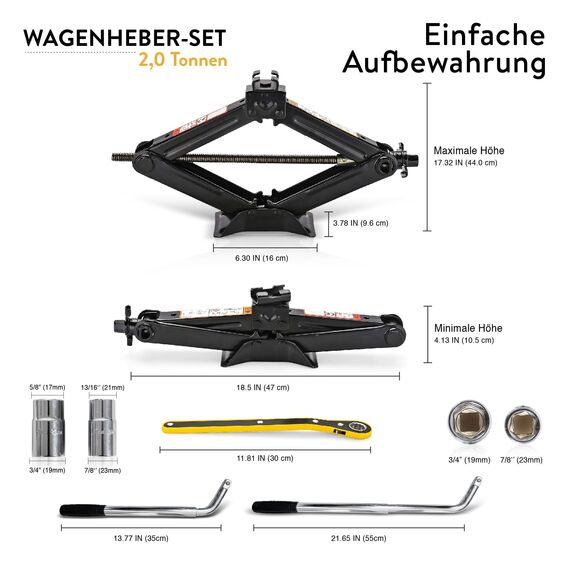 Wagenheber-Set | Scherenwagenheber für Autos 2 Tonnen (4.400 lbs) Tragbar, ideal für SUV und Autos – Universelles Auto-Notfallset mit Schraubenschlüssel