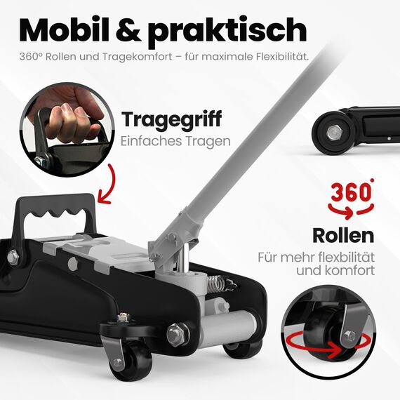 Wagenheber 2,5T extra flach – Hydraulischer Rangierwagenheber mit Transportkoffer, 3 Gummiauflagen & Adapter – Auto Wagenheber für PKW bis 2.500 kg (Hellgrau)