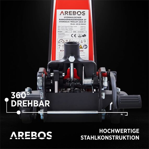 Arebos 3T Hydraulischer Rangierwagenheber mit integriertem Fußpedal | Unterfahrhöhe 130-508 mm | 2 Gummi-Auflagen | Wagenheber Jack 360° Rollen | Heber Ständer KFZ Auto PKW