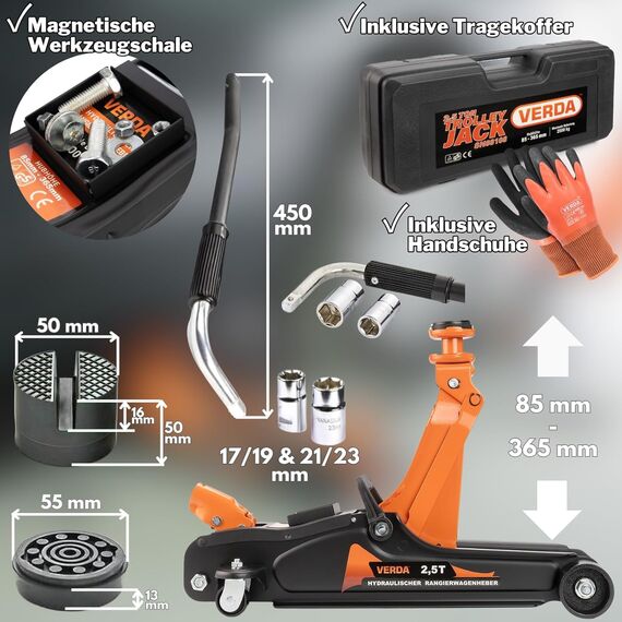 Hydrualischer Wagenheber 2,5T, 85-365mm, 3X Gummiauflage, Radmutterschlüssel, Rangierwagenheber mit Hebelstange 2in1 Auto Heber, PKW Profi Ständer, Flache, Wohnmobil Handschuhe SN88108