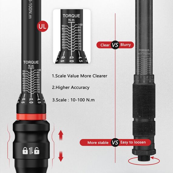VANPO Drehmomentschlüssel 3/8 Zoll,10–100 Nm für Motorrad & Fahrrad, ±3% Genauigkeit, 40cm Hebelarm, Ergonomischer Griff, Präziser Klick,72 Zähnen inkl.3/8“ to 1/2" Adapter & 125mm Verlängerung