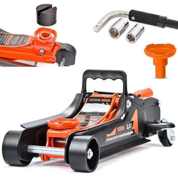 Hydrualischer Wagenheber 2,5T, 85-365mm, 3X Gummiauflage, Radmutterschlüssel, Rangierwagenheber mit Hebelstange 2in1 Auto Heber, PKW Profi Ständer, Flache, Wohnmobil Handschuhe SN88108