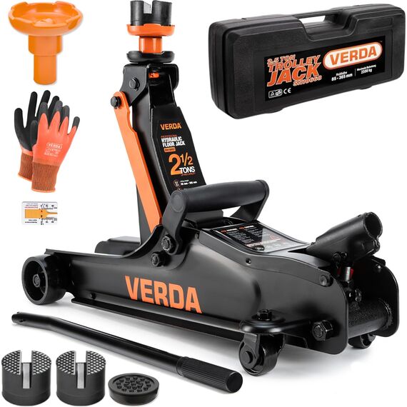 Verda Hydraulischer Wagenheber 2,5T 85-365 mm, 3X Gummiauflage, Koffer, Montagehandschuhe Autoheber Rangierwagenheber Reifenwechsel PKW Geländewagen Wohnmobil
