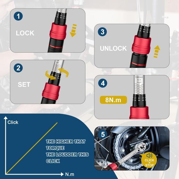 VANPO Drehmomentschlüssel 3/8 Zoll, 5-60Nm Fahrrad & Motorrad Drehmomentschlüssel Set mit 125mm Verlängerungsstange, 3/8"-1/4" Adapter für Fahrräder, Motorrad und Auto Zündkerzenwechsel