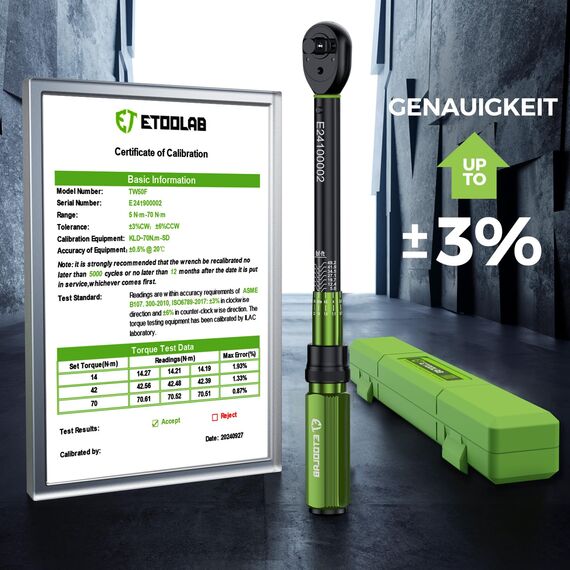 ETOOLAB 3/8" Drehmomentschlüssel, 5-70 N·m/5-49.2 lbf·ft, ±3% Fehlergenauigkeit, 72 Zähne Professioneller Drehmomentschlüssel für Autol/Fahrrad/Motorrad