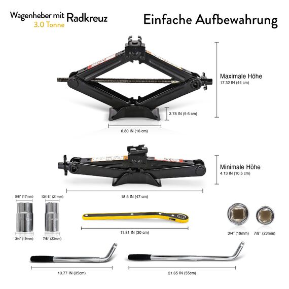 Wagenheber-Set | Scherenwagenheber für Autos 3 Tonnen (6.600 lbs) Tragbar, ideal für SUV und Autos – Universelles Auto-Notfallset mit Schraubenschlüssel