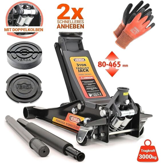 Hydraulischer Wagenheber 3T, 80-465 mm, 2X Gummiauflage, Montagehandschuhe, 2X Unterstellböcke, Wagenheber Profi Auto Heber PKW Wohnmobil ideal für Reifenwechsel SUV
