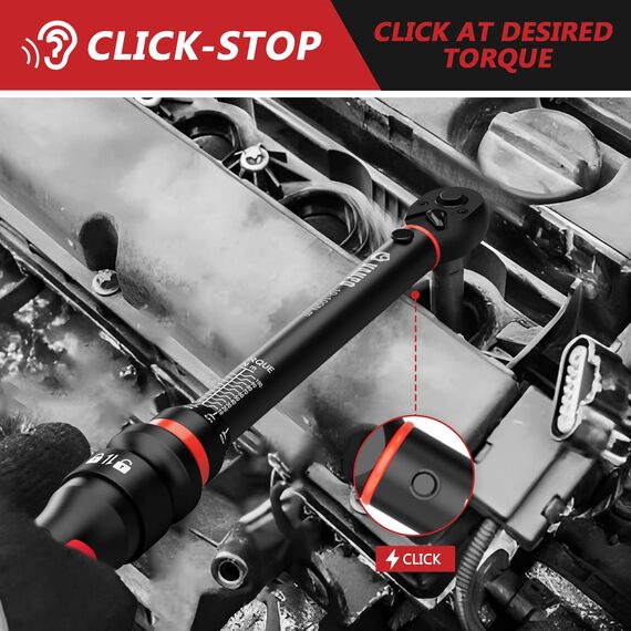 VANPO Drehmomentschlüssel 3/8 Zoll,10–100 Nm für Motorrad & Fahrrad, ±3% Genauigkeit, 40cm Hebelarm, Ergonomischer Griff, Präziser Klick,72 Zähnen inkl.3/8“ to 1/2" Adapter & 125mm Verlängerung