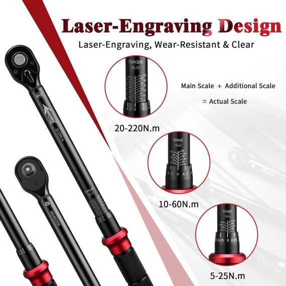 AEROFORCE Drehmomentschlüssel 1/4" & 3/8" & 1/2", 3 teilig Drehmomentschlüssel Set 5-25Nm, 10-60Nm, 20-220Nm, ±3% Fehlergenauigkeit mit 72 Zähne Wende Ratschenkopf für Fahrrad, Auto, Motorrad
