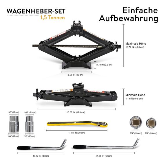 Wagenheber-Set | Scherenwagenheber für Autos 1,5 Tonnen (3.300 lbs) Tragbar, ideal für SUV und Autos – Universelles Auto-Notfallset mit Schraubenschlüssel