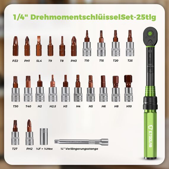 ETOOLAB 1/4" Drehmomentschlüssel Set-25tlg, ±3% Fehlergenauigkeit, 1-26 N·m/10-231,3 lbf·in, 72 Zähne Fahrrad Drehmomentschlüssel für Reifenwechsel/Motorrad/Fahrrad