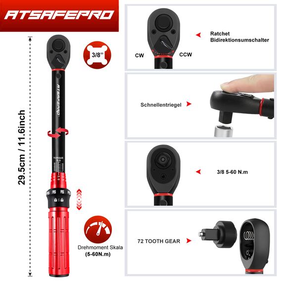 ATsafepro Drehmomentschlüssel 3/8" Set, 5-60Nm Drehmomentschlüssel Auto mit 15cm Verlängerungsstange,Adaptateur 1/4"&1/2",±3% Fehlergenauigkeit 72 Zähne Ratchet, für Auto, Moto,Fahrrad